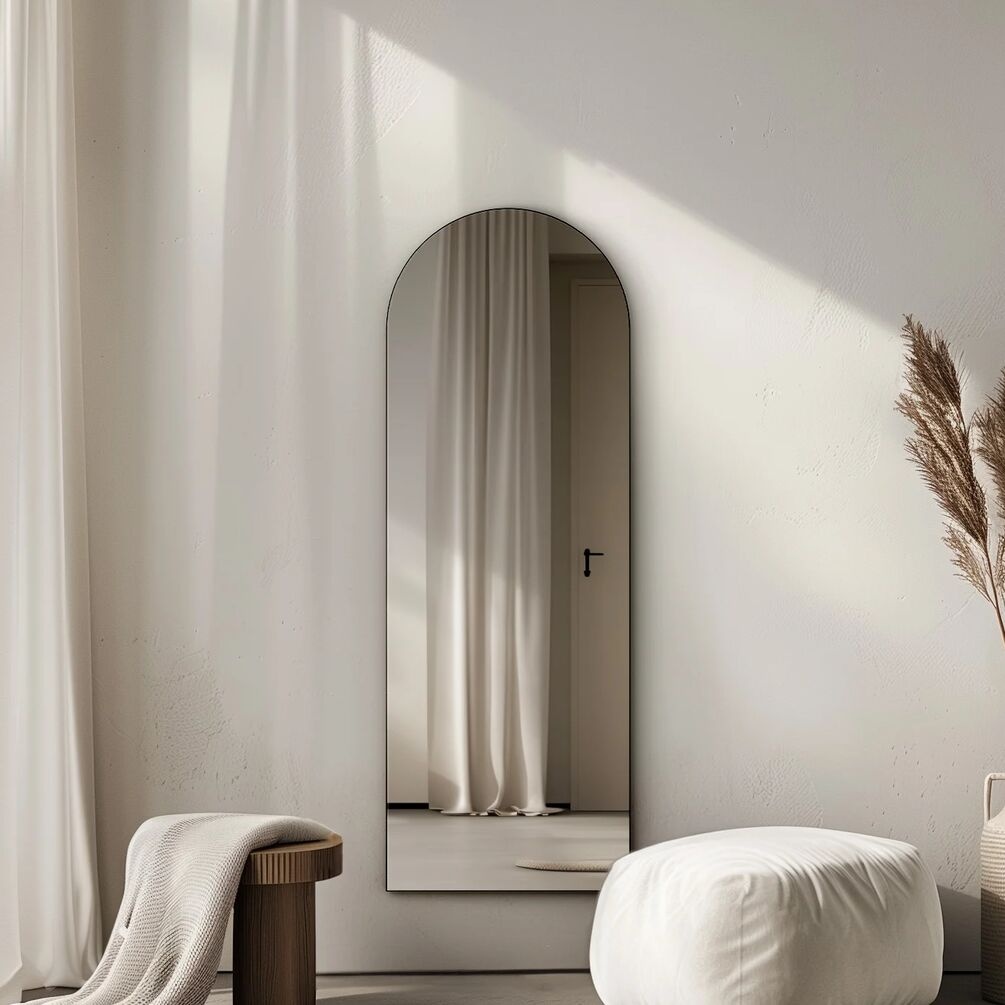 Lifestyle image of Origins Living Oslo Arched Matt Black 500 x 1400mm Mirror